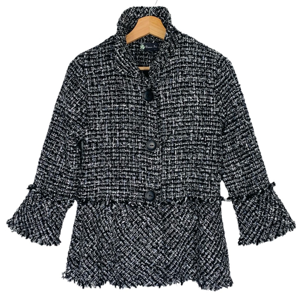 DAMEE, Inc Black Tweed Peplum Jacket Wired Mandarin Collar Medium Petite Fringe